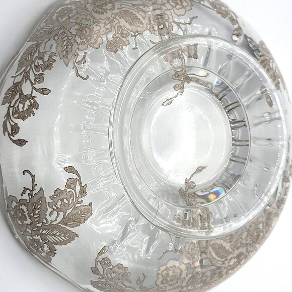 Vintage Silver Overlay Clear Glass Candy Dish Bowl Flowers Bowl Scalloped Edge - Picture 6 of 9